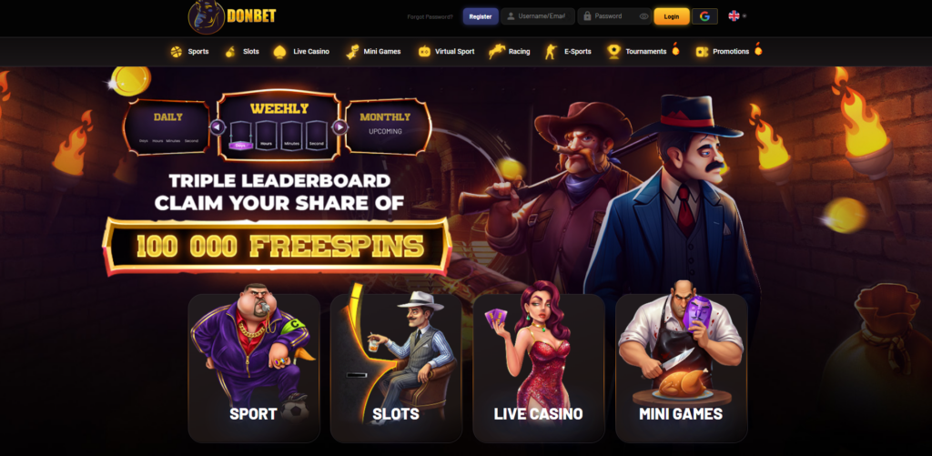 DonBet non GamStop sportsbook and casino homepage with Italian mafia theme and welcome bonus display