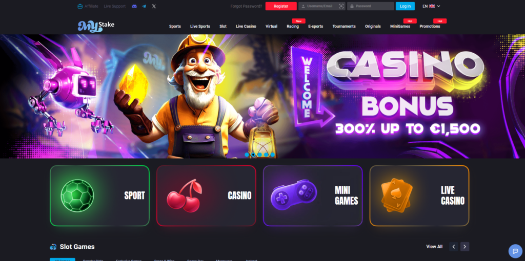 MyStake non GamStop casino homepage showing the main lobby and navigation