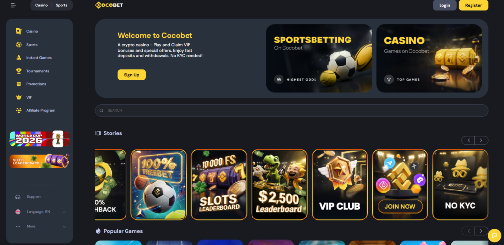 CocoBet crypto non GamStop casino homepage with game lobby and promotions banner