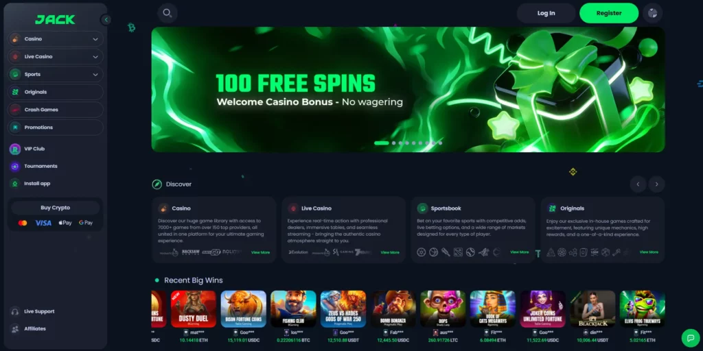 JACK casino non GamStop homepage showing the rebrand from Jackbit with sportsbook and game library